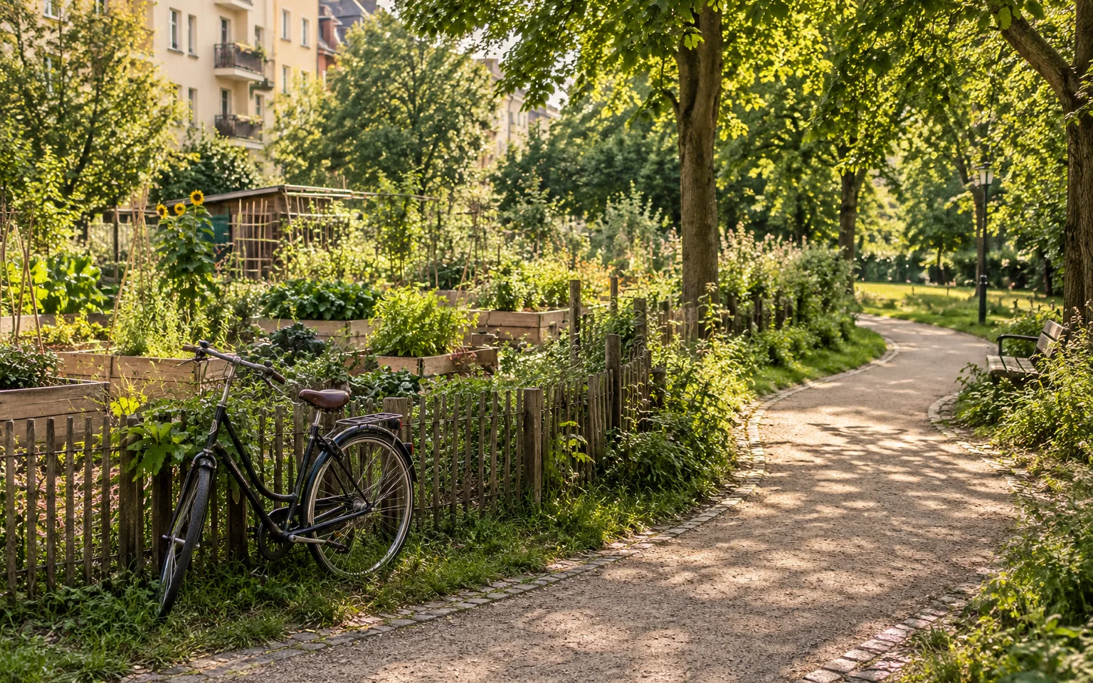Fahrrad und Gemeinschaftsgarten an einem grünen Stadtparkweg