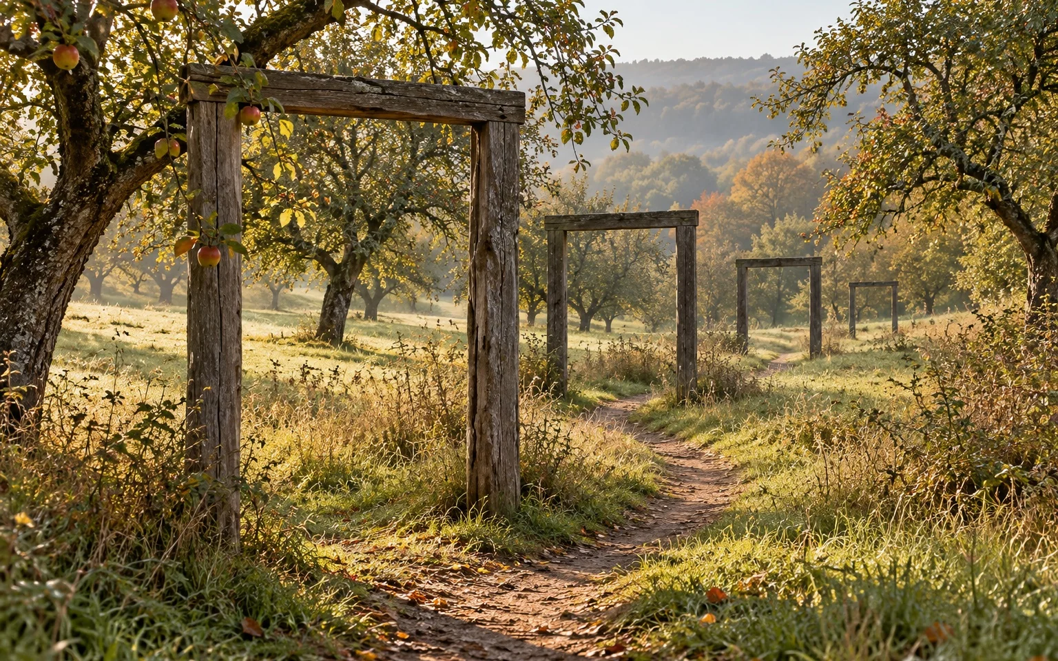 Ein Pfad führt durch einen herbstlichen Obstgarten und mehrere offene Holzrahmen