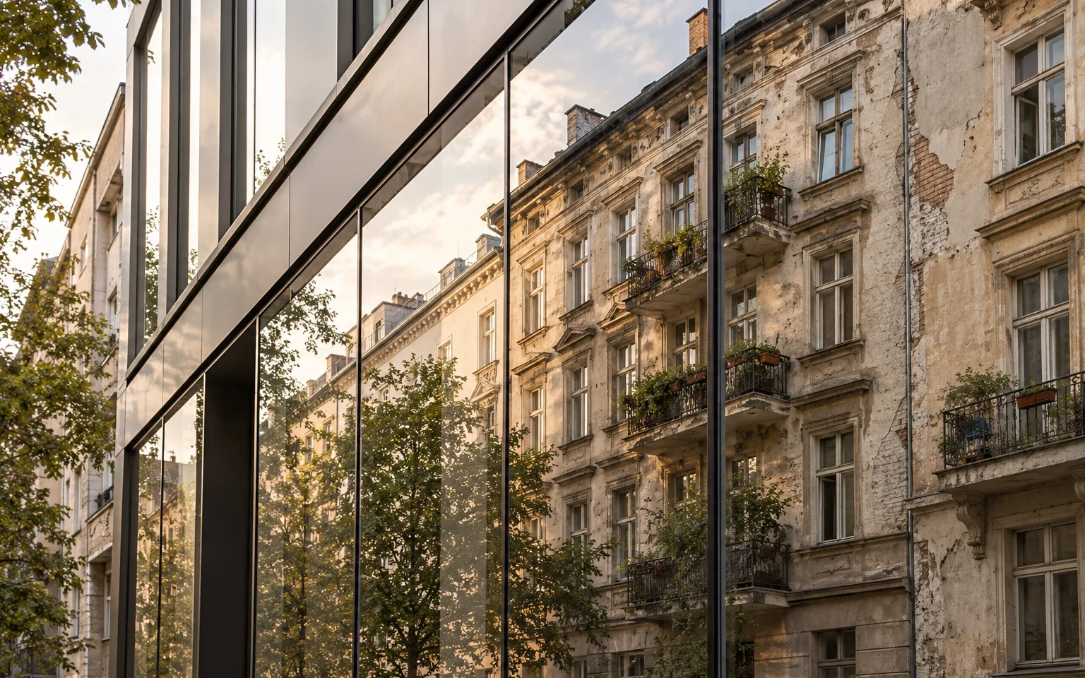 Eine alte Berliner Fassade spiegelt sich in einer modernen Bürofront
