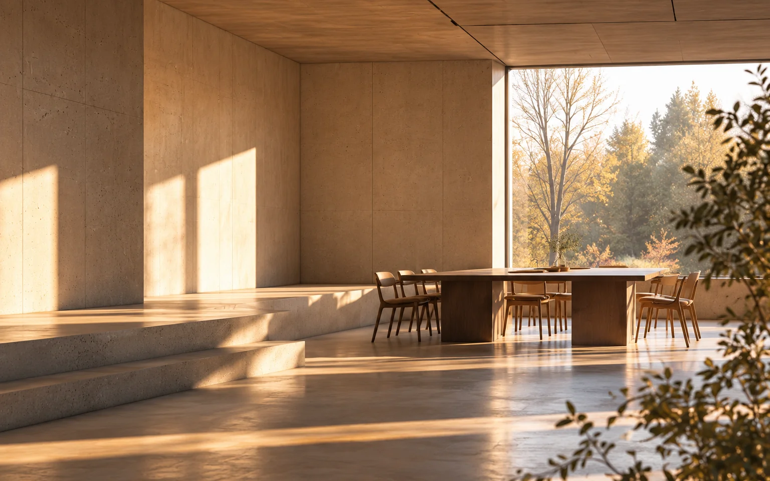 Licht und Schatten in einem offenen Raum mit Sitzbank