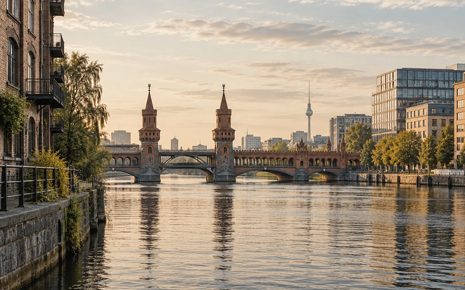 Eine Backsteinbrücke verbindet zwei Ufer im Berliner Stadtbild